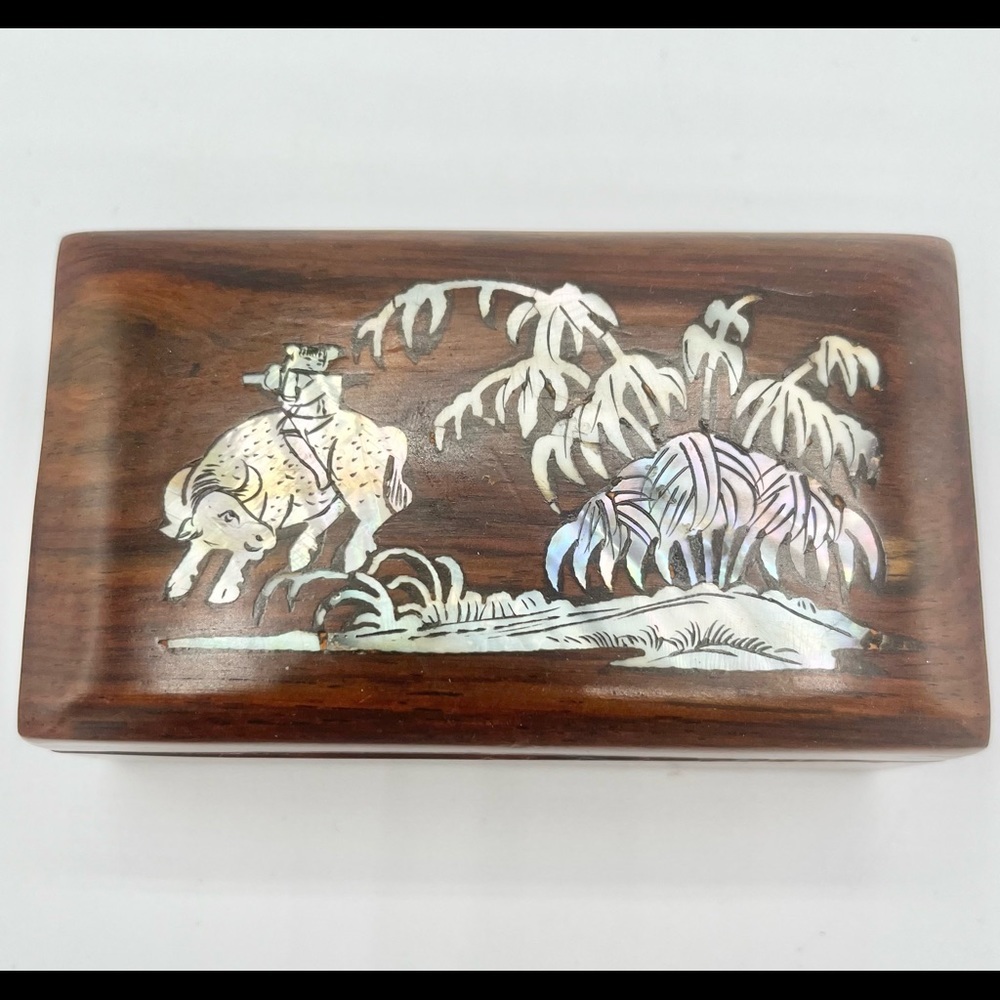 Hardwood Abalone Shell Inlaid Trinket Box Red Velvet Lining Bull Rider Palm Tree